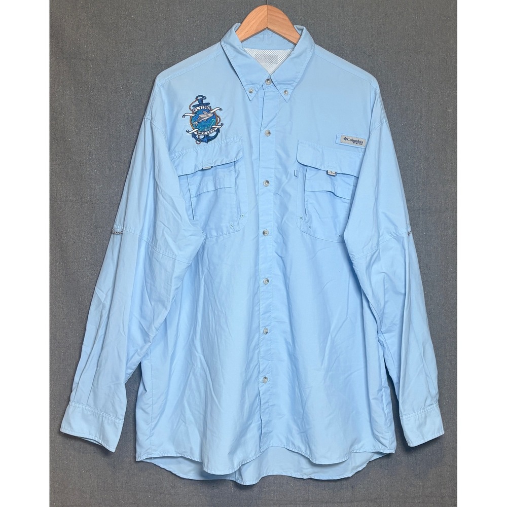 Columbia PFG Flying Mullet Fishing Shirt Mens XXL Blue L/S Bahama II UPF 30